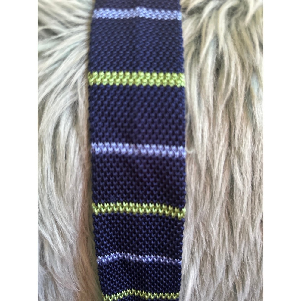 Clapham Men's Square-end skinny knit Silk Neck Tie Navy Blue Striped